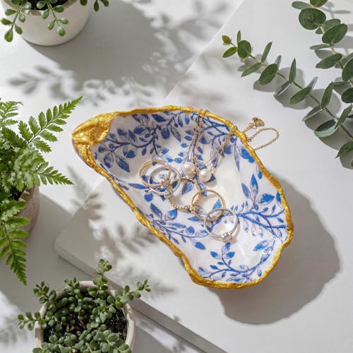 Natural Oyster Ring Trinket Dish Vintage Jewelry Tray for Keys Small Jewelry Holder for Bridal Shower Favors Friends Sisters Daughter Mother Gift Seaside Style Decor(Blue Grass) - style: Blue Grass