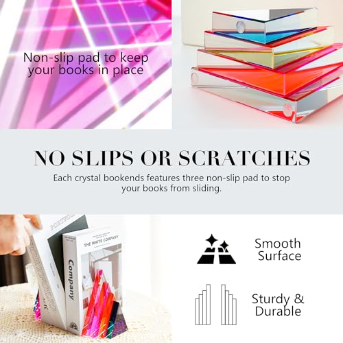 H&D HYALINE & DORA 1Pair 3Lbs Crystal Bookends for Shelves Decorative Glass Bookends for Heavy Books Geometric Triangle Shape Non-Skid Book Ends Heavy Bookends Home Office Decor(Colorful) - color: Triangle