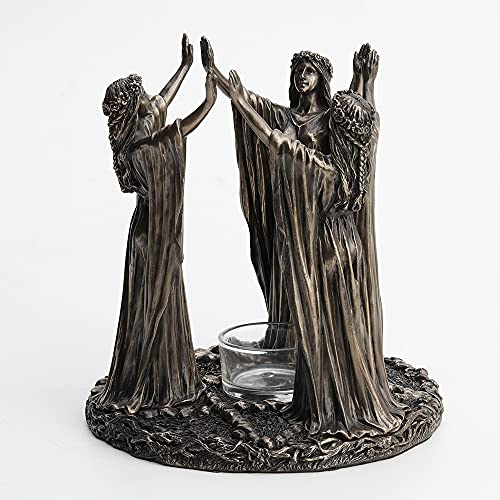 Veronese Design 6 3/4 Inch Tall Triple Moon Goddess Maidens Ritual Candle Tealight Holder Cold Cast Bronzed Resin Sculpture Wiccan Alter Figurine Home Decor New Age Religious Collectible