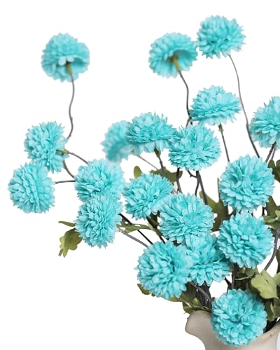 DuHouse 6pcs Artificial Flowers Faux Silk Pompon Mum,Silk Small Mini Chrysanthemum Ball with Stems for DIY Bouquets Centerpieces Vase Home Table Kitchen Decorations(Teal Blue) - color: Teal Blue, size: 6pcs