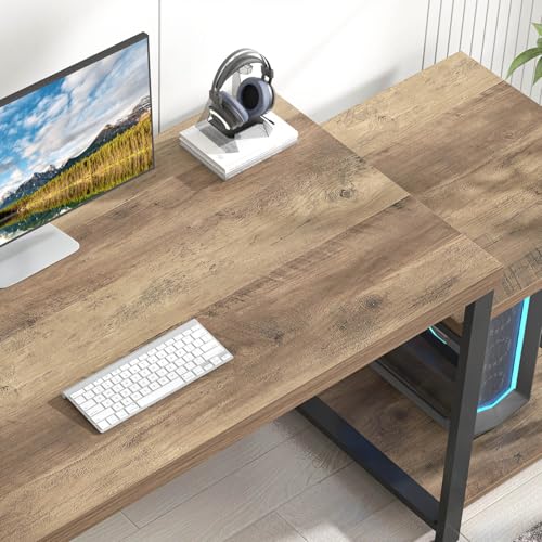 FOLUBAN 63 Inch Large Computer Desk with Printer Space & PC Tower Stand, Modern Wood Home Office Desk Workstation with Storage Shelves, Writing Study Gaming Table, Rustic Oak - color: Oak