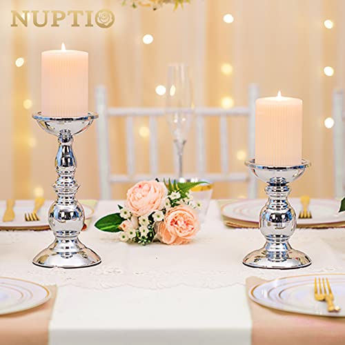 Nuptio Pillar Candle Holders Metal Candle Holder Ideal for 3 inches Candles, Silver Candle Holder for Living Room, Gardens, Spa, Aromatherapy, Incense Cones, Wedding, Party, 2 Pcs - color: Silver, size: S + L