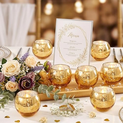 LAMORGIFT 24 Pcs Gold Votive Candle Holders -Gold centerpieces for Wedding Table Decor, Mercury Tealight Candle Holder for Bridal Shower, Engagement, Birthday Party Decorations - color: Gold