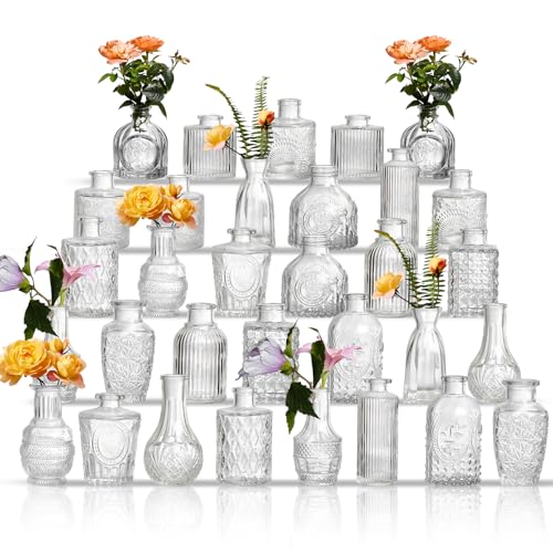 Glass Bud Vases Set of 32 - Assorted Small Mini Glass Vases for Flowers, Crystal Vintage Vase Set, Bulk Centerpieces for Table Décor, Wedding, Home and Events (Clear, 32 Pcs) - color: Clear, size: 32 Pcs