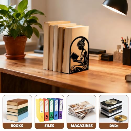 Peacoblue Metal Bookends for Shelves, Modern Decorative Heavy Duty Study Book Ends Stoppers for Office, Desk, Shelf, Room 5.3"x4.3"x7.9" Cast Iron Simple Tall Bookends 1 Pair (Reading Girl) - style: Reading Girl