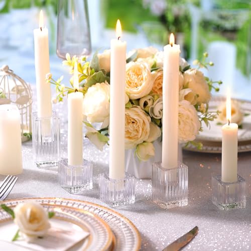 LETINE 12pcs Vertical Stripe Glass Candlestick Holders - Chic Taper Candle Sticks Holder Set for Elegant Dining & Home Decor - Ideal for Wedding Centerpieces, Parties, and Celebrations - color: Clear