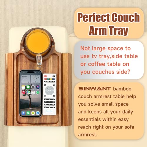 SINWANT Couch Cup Holder Tray,Acacia Wood Sofa Arm Clip on Tray Table with 360° Rotation Cup Holder,Foldable Anti-Slip Couch Armrest Table for Coffee Mug,Water Bottles,Snacks,Remote on Large Armrest - color: Acacia Wood