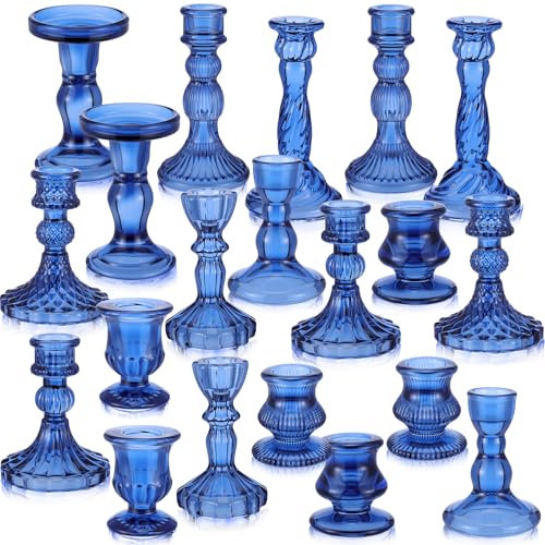 Mumufy 20 Pcs Glass Crystal Taper Candle Holders Clear Glass Candlestick Holder Fit 0.8 Inch Candles Crystal Decorative Candle Stand Centerpiece Table Wedding Dining Party (Blue) - color: Blue
