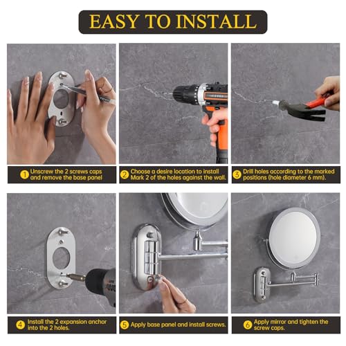 FUNTOUCH Rechargeable Wall Mounted Makeup Mirror with Lights,5000mAh Double Sided 3X/20X Magnifying,3 Color Lights,Touch Dimmable, Extended Arm 360 Rotation Lighted Bathroom Mirror with Magnification - color: Chrome