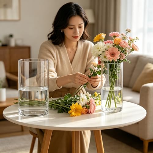 2 Pack Acrylic Cylinder Vases, Non-breakable Vase for Centerpieces,10 inch Tall Clear Flower Vase Bulk Floating Candle Holder for Wedding Table Home Decor and Party (6 x10 in+4 x10 in) - size: 2 Pack(4''W x 10''H & 6''W x 10''H)