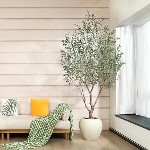 SOGUYI Olive Trees Artificial Indoor, 8 Feet Tall Faux Olive Tree with Round Artisan Planter, Premium Handmade, Realistic Trunk & Lifelike Leaves, Perfect for Large Spaces & Elegant Home/Office Decor
