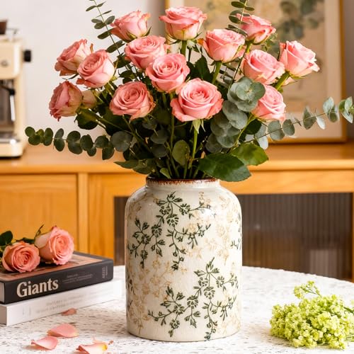 Green Chinoiserie Floral Vase, Ceramic Farmhouse Flower Vase, Creative Ice Cracked Vintage Vases for Home Decors, Cottage, Dining Coffee Table Centerpiece, Bookshelf, Tuscan Decor,8.3 Inch - color: Green and Beige02
