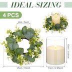 Yunlly 4 Pcs Candle Wreaths Rings Artificial Eucalyptus Wreaths Candle Holder Rings with LED Flameless Candles, 9.5" Wide for Wedding Windows Table Centerpieces, Green and White - color: Green and White, style: Classic