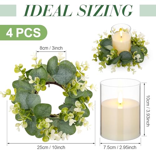 Yunlly 4 Pcs Candle Wreaths Rings Artificial Eucalyptus Wreaths Candle Holder Rings with LED Flameless Candles, 9.5" Wide for Wedding Windows Table Centerpieces, Green and White - color: Green and White, style: Classic