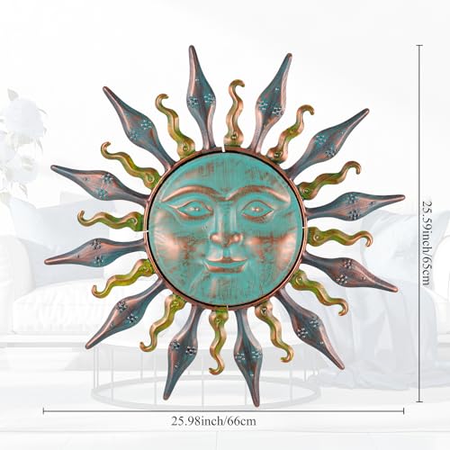 HOBYLUBY Metal Wall Art Decor, 25'' Large Wall Art Hanging Decor & Wall Sculpture, Sun Wall Decor for Patio, Fence, Garden, Home Decor(Cyan) - color: Cyan