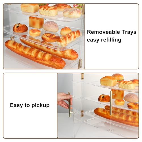 3-Tier Acrylic Pastry Display Case for Commercial Countertop, 360° View Bakery Cabinet with Gold Handle & Removable Trays, Clear Bread Storage Box for Donuts, Cookies & Cakes, 21" x 16" x 14"