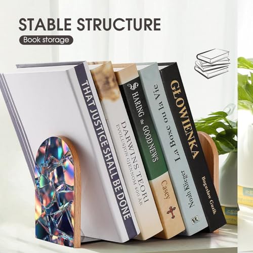Shattered Glass Pattern Wooden Bookends Shelves 2 PCS Minimalism Sturdy Book Holders Desktop Organizer for Home Office Libraries - color: Color-5