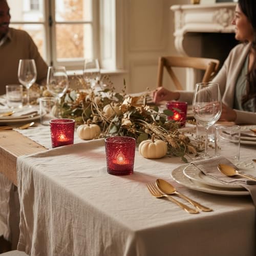12 Pack Patented Sun Moon Star Embossed Glass Tea Light Candle Holders - Unique Votive Candle Holders for Wedding, Party, and Table Centerpieces (Wildberry Red) - color: Wildberry Red