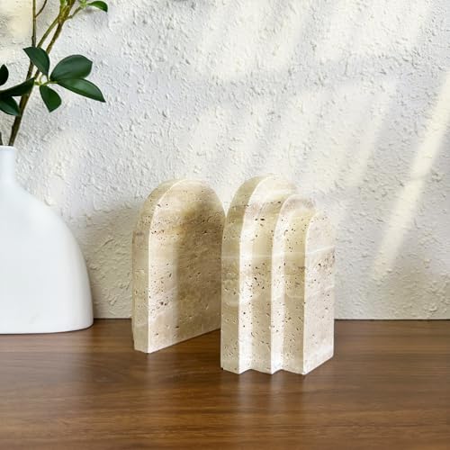 1 Piece Modern Travertine Bookend, Arched Design, Natural Stone Book Holders for Desk and Shelf (Travertine - 1 Piece) - color: Travertine - 1 Piece