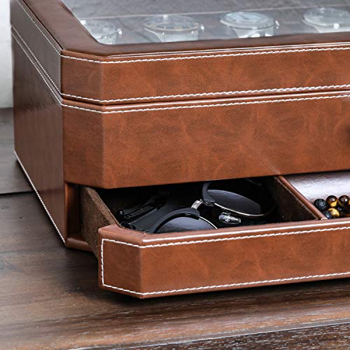 ROTHWELL 12 Slot Leather Watch Box with Valet Drawer - 12 Slot Luxury Watch Case Display Organizer, Microsuede Liner, Mens Accessories Holder, Jewelry Case, Jewelry Display Organizer (Tan/Brown) - color: Tan/Brown