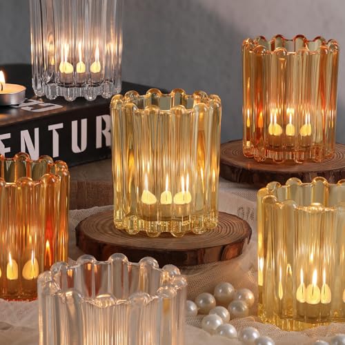 HAVITI Votive Candle Holder, Orange Ribbed Votive Candle Holders Set of 12, Mixed Color Tealight Candle Holder for Wedding Centerpieces Dinner Party Table Decor - color: Clear&orange&yellow