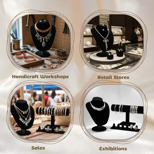 3Pcs Black Velvet Jewelry Display Set, Including Necklace Mannequin Bust Stand, T Shape Bracelet Stand, Ring Finger Jewelry Holder, for Retail Display Organization Home Decor