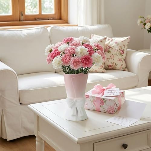 Relexome Pink White Ceramic Bow Vase 9.64 in Unique Cute Modern Decorative Bouquet Flower Vases for Home Living Room Table Decor - color: Pink White