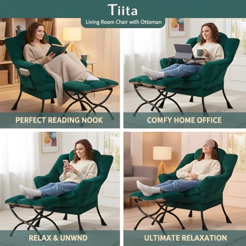 Tiita Lazy Chair with Ottoman, Green Modern Large Accent Chair, Comfy Leisure Sofa Armchair with Ottoman, Reading Chair with Footrest for Bedroom, Living Room, Dorm Rooms, Velvet Green - color: Green