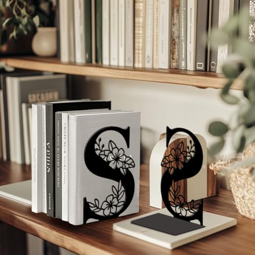 Peacoblue Metal Bookends for Shelves, Modern Decorative Heavy Duty Study Book Ends Stoppers for Office, Desk, Shelf, Room 5.3"x4.3"x7.1" Cast Iron Simple Tall Bookends 1 Pair (Letter S with Flower) - style: Letter S with Flower