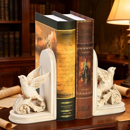 2PCS Vintage Bookends White Bird Decorative Bookends Resin Bookends for Rooms Decorative Book Ends for Heavy Books Antique Bookend (Retro White Bird) - color: Retro White
