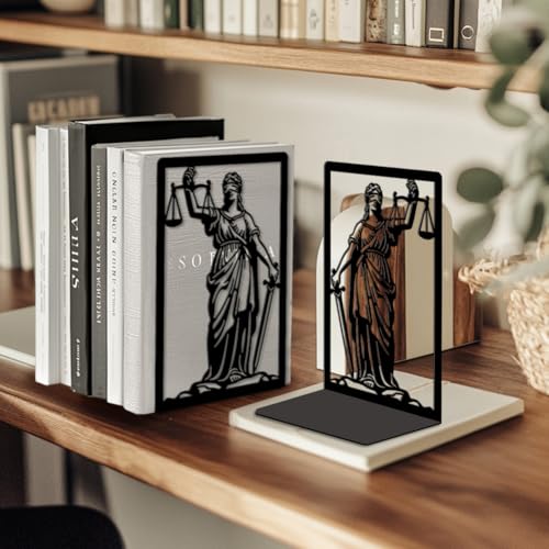 Peacoblue Metal Bookends for Shelves, Modern Decorative Heavy Duty Study Book Ends Stoppers for Office, Desk, Shelf, Room 5.3"x4.3"x7.9" Cast Iron Simple Tall Bookends 1 Pair (Justice Lady Themis) - style: Justice Lady Themis