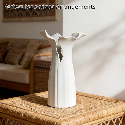 Abstract Irregular Ceramic Vase, White Irregular Pottery Vase, Handmade Decorative Minimalist Flower Vases for Modern Home, Tabletop, Shelf & Office - size: 16" x 12" x 28"