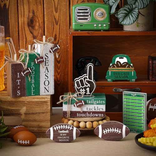 Vercraft 11 Pcs Football Table Decorations Football Tiered Tray Decor Centerpiece Decorative Wood Books Table Top Decor Tailgates Tackles Touchdowns Wooden Sign for Home Party Supplies - style: Football