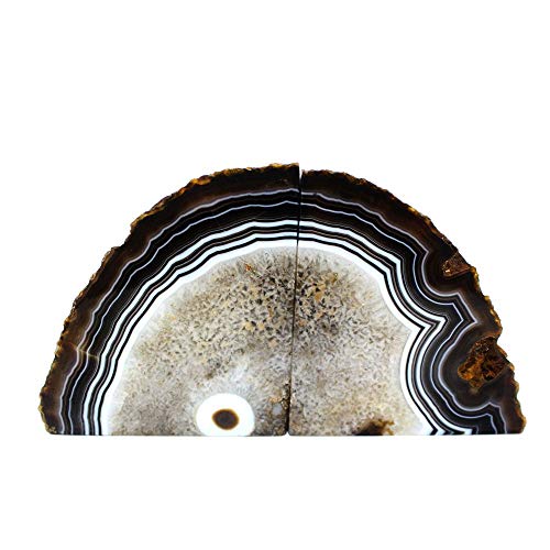 JIC Gem Agate Bookend(s) Black Bookshelf Decor geode bookends 1 Pair 3to 4 Lbs from Brazilian with Rubber Bumpers for Office and Home Decoration - color: Black Dyed, size: 3-4LBS.