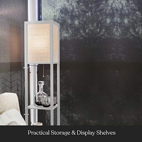 Brightech Maxwell - Modern Shelf Floor Lamp with Lamp Shade & Warm White LED Bulb, Corner Display Floor Lamp with Shelves for Living Room, Bedroom, Nightstand Office, Home Decor Storage - White - color: White