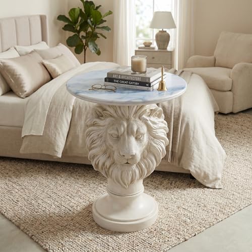 White Lion Head Sculptural Side Table with Faux Marble Top, 19.68" Round Resin Animal End Table, 25.59" H Majestic Accent Table for Living Room & Entryway, Regal Housewarming Gift - color: White Lion
