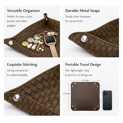 UnionBasic Small Valet Tray, Jewelry Tray for Rings Watches Earrings, Entryway Catchall Caddy for Coins Keys Change, Nightstand Bedside Valet Holder, Trays for Electronic Gadgets, Woven Coffee - color: Woven Coffee, size: 5.4" x 5.4" x 1.6"