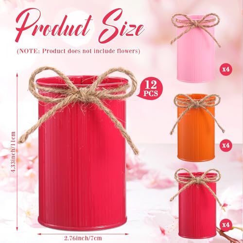 Rustic Vase for Table Centerpieces 4.33 Inch Small Petite Flower Vase with Twine Bow Vintage Farmhouse Decor for Wedding Reception Dining, Home Galvanized Metal Buckets(Orange, Fuchsia, Pink,12 Pcs) - color: Orange, Fuchsia