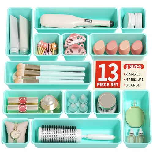 Canfanni 13 Pack Plastic Drawer Organizers Set, 3 Sizes Desk Drawer Organizer Trays for Vanity and Makeup Organizer, Organization and Storage for Makeup, Kitchen Utensils, Bathroom and Office(Blue) - color: Blue