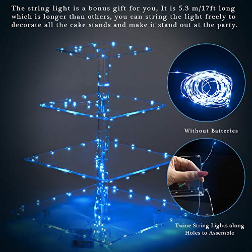 YestBuy 4 Tier Acrylic Cupcake Stand Afternoon Tea Cake Stand Large Cupcake Stand Cupcake Tower Cupcake Holder for Pastry + LED Light String Ideal for Weddings Birthday Bar Party Décor (Blue Light) - color: Blue, size: 4 tier