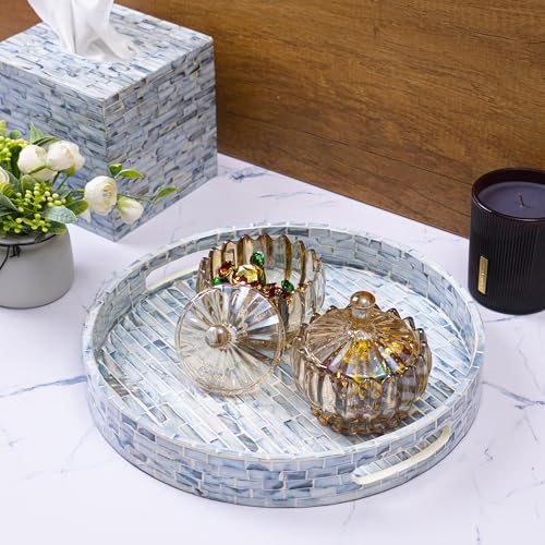 CLAYNIX Serving Tray 12.5 Inch Round, Wooden Lacquer Tray with Mother of Pearl Inlay, Elegant Tea & Breakfast Tray with Handles (Round)