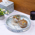 CLAYNIX Serving Tray 12.5 Inch Round, Wooden Lacquer Tray with Mother of Pearl Inlay, Elegant Tea & Breakfast Tray with Handles (Round)