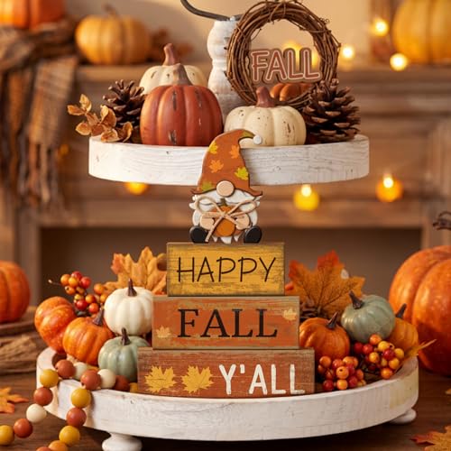 Lineshading 4 Pcs Fall Decorations for Home Wooden Gnome Block Sign Thanksgiving Tiered Tray Decor Thanksgiving Centerpiece Rustic Fall Table Decor for Autumn Harvest Party Home Kitchen Decorations - style: Fall Gnome
