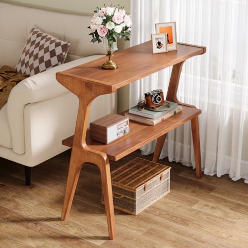 Tribesigns Solid Wood End Table, Modern Side Table for Couch, 2-Tier Narrow Tall End Table, Long Bedside Table for Living Room, Bedroom, Walnut - color: Walnut