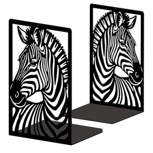 Peacoblue Metal Bookends for Shelves, Modern Decorative Heavy Duty Study Book Ends Stoppers for Office, Desk, Shelf, Room 5.3"x4.3"x7.9" Cast Iron Simple Tall Bookends 1 Pair (Zebra) - style: Zebra