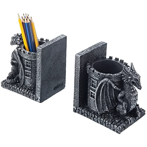 Bookends Dragon, Gothic Black Resin Dragon Guarding Castle Pencil Cup Bookends, Office Desk Book Ends with Decorative Fantasy Dragons and Stone Tower Pen Holders, 1 Pair - color: Black
