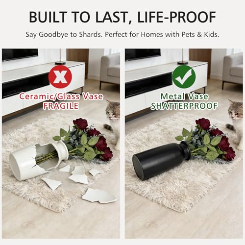 Set of 2 Black Seamless Wide Mouth Metal Flower Vase, 10.8" Tall Modern Matte Black Floral Vase Pair, Shatterproof Leakproof, Industrial Home Decor Centerpiece for Table, Mantle, Shelf - color: Black