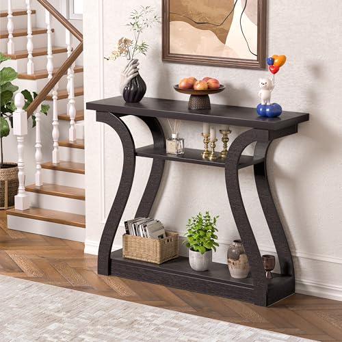 47" Wood Console Table for Entryway, Narrow Sofa Table with 3-Tier Shelves, Curved Legs Farmhouse Hallway Table, Skinny Console Table Behind Couch, Rustic Wooden Entry Table for Living Room (Brown) - color: Reddish Brown