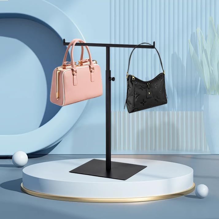 Purse Display Stand T Shaped, Countertop Jewelry/Scarf/Handbag T-Bar Display Stand, Tabletop Double Hook Hanging Stands for Long Necklaces, Metal with Adjustable Height - Black - color: Black