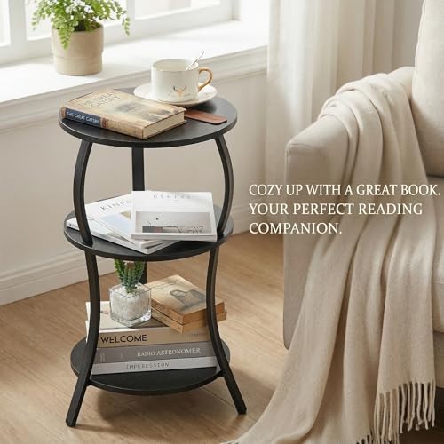Vintage Small Round Side Table, 3-Tier Slim Waist Circular End Table with Storage Shelf, Compact Tea Sofa Side Table, Round Corner Coffee Table Nightstand for Living Room Bedroom Small Spaces,Black - color: Black, style: Classic